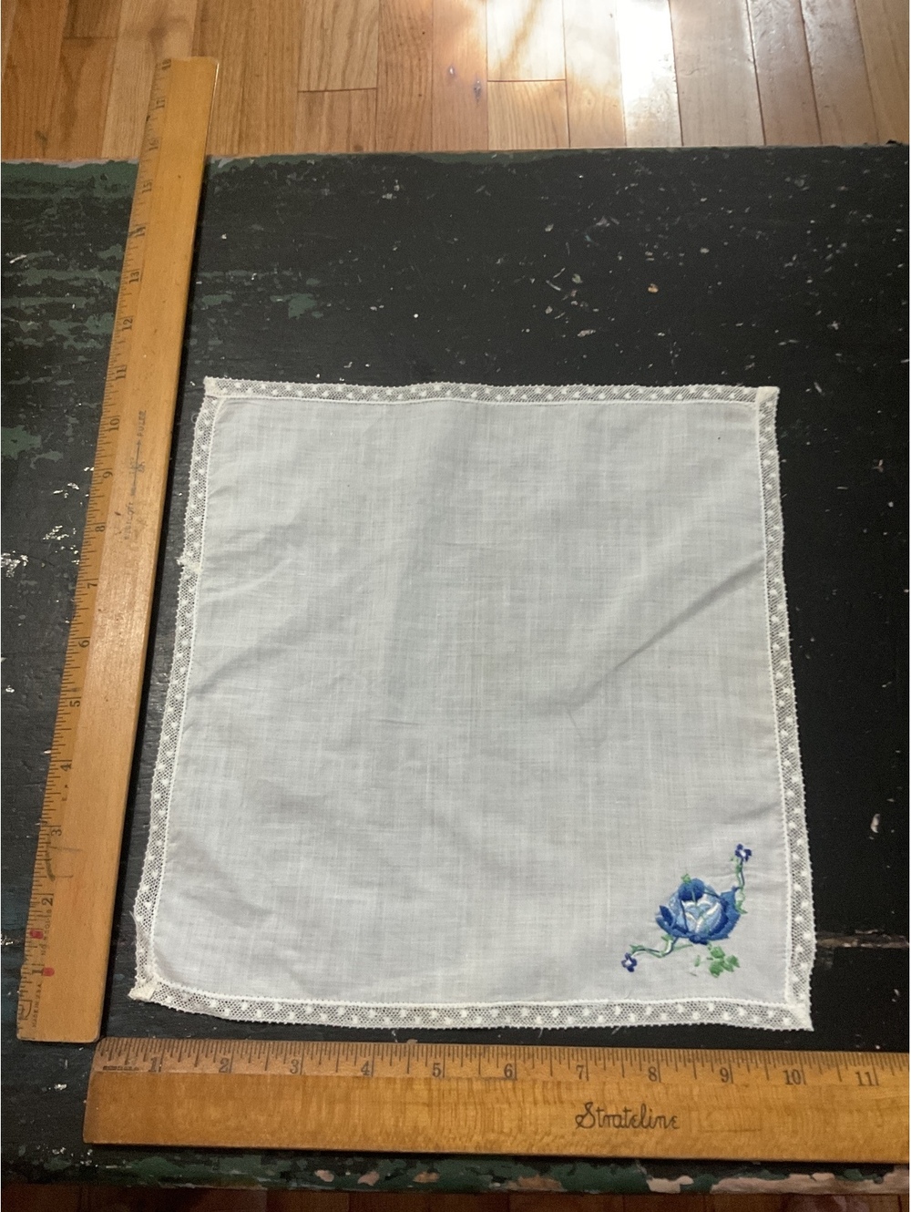 Vintage White Handkerchief with Blue Rose Embroidery and Lace Trim